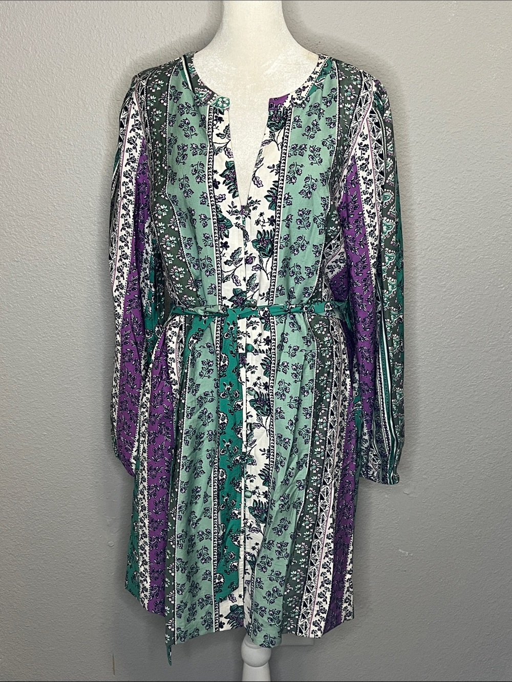 Loft Long Sleeve Mini Dress Boho Stripe Floral Size 14 NWT